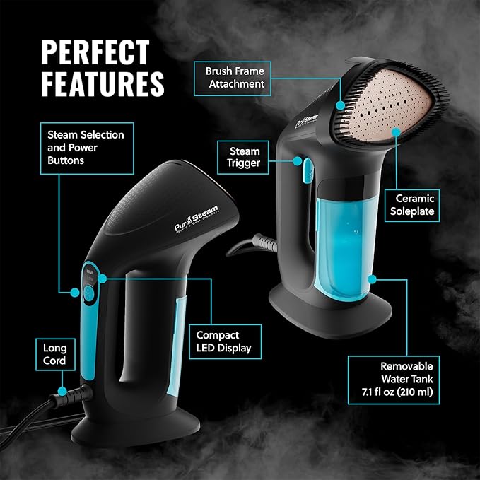 PurSteam SteamPulse Pro Handheld Steamer for Clothes, Portable Handheld Fabric and Garment Travel Steamer Iron Press Wrinkle Remover with Fabric Brush