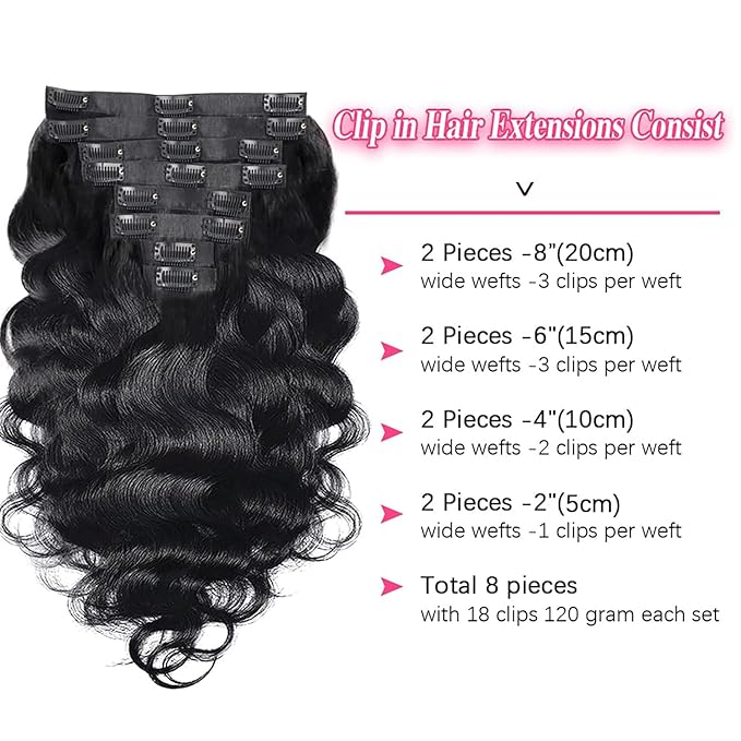 Body Wave Seamless Clip In Hair Extensions Real Human Hair Clip Ins 100% Unprocessed Human Hair Extensions 8pcs with 18Clips Per Set 120g(24inch,Natural Black)
