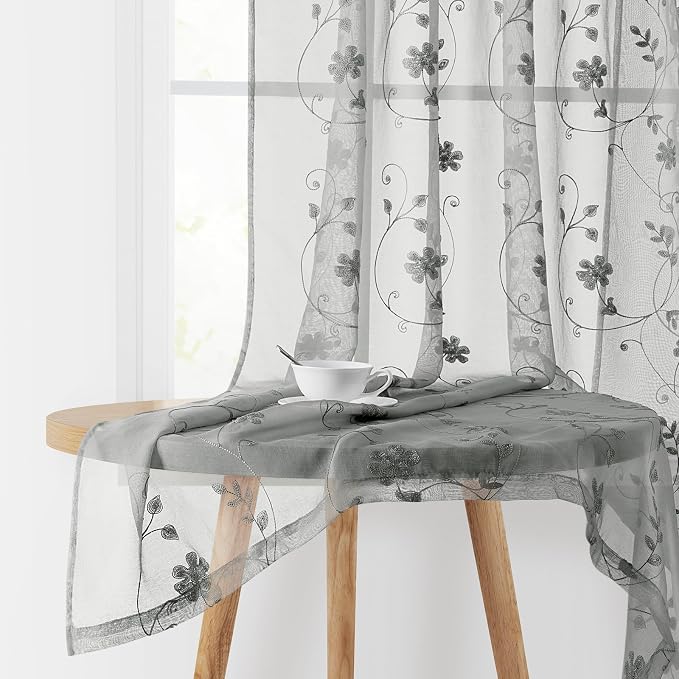 HOMEIDEAS Grey Sheer Curtains 96 Inches Long 2 Panels Embroidered Floral by HOMEIDEAS