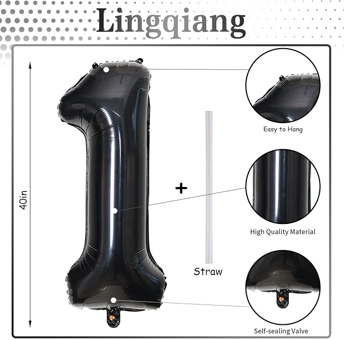 40 Inch Black Foil Balloon Number 1, Giant Self Inflating Number Balloons 0-9 - Image 2