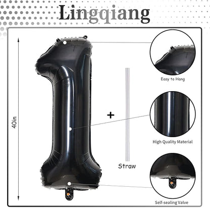 40 Inch Black Foil Balloon Number 1, Giant Self Inflating Number Balloons 0-9 - Image 2