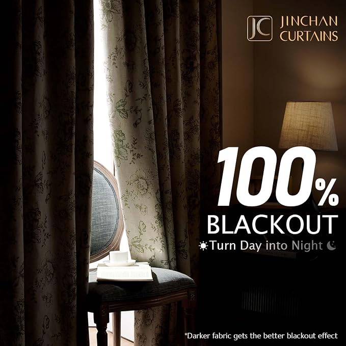 jinchan Green Floral Linen Blackout Curtains 63 Inch Back Tab 2 Panels | - Image 2