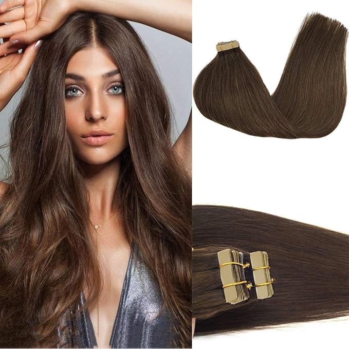 GOO GOO Tape in Hair Extensions Human Hair, 4A Chocolate Brown, 14inch 50g 20pcs, Skin Weft Seamless Invisible, Silky Straight with Thick Ends, Remy Human Hair