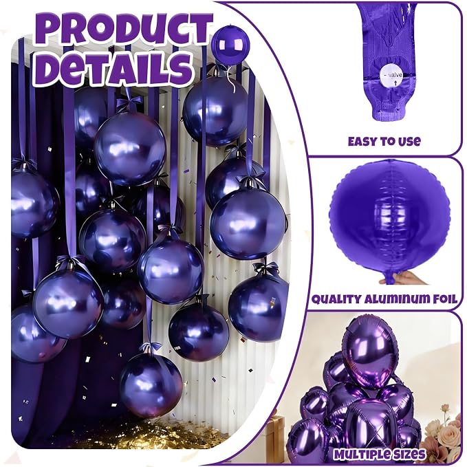 12Pcs Purple Round Balloons Foil, Large Metallic Purple Balloons - Image 3