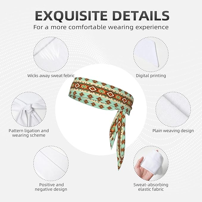 Men Women Fashion Sports Sweat Band Hair Accessories for Sports Workout Shower, Long Multifunction Ethnic Geometric Pattern Mexican Tribal Head Ribbon Headwear