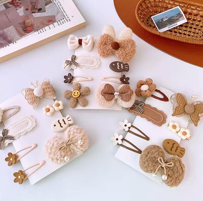 Hair Clips for Baby Girls-8 Pcs Beige Hair Accessories with Knitted Flower, Bow, Butterfly Designs-Soft Wool and Crochet Hairpins-Non-Slip Barrettes for Daily and Occasional Wear (Design 5-8pc Set)