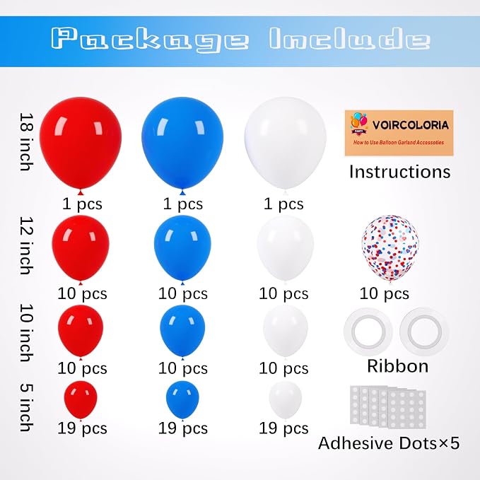 Voircoloria 130pcs Red White Blue Balloons Arch Kit, 18 12 10 5 Inch | - Image 2