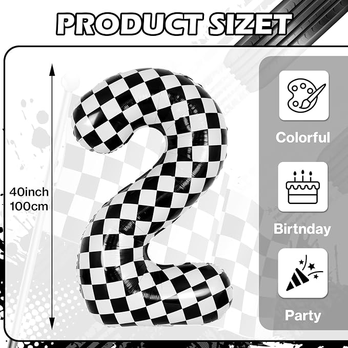 40 Inch Checkered 2 Balloons, Boys Girls Racing Car Track Theme Supplies - Image 2
