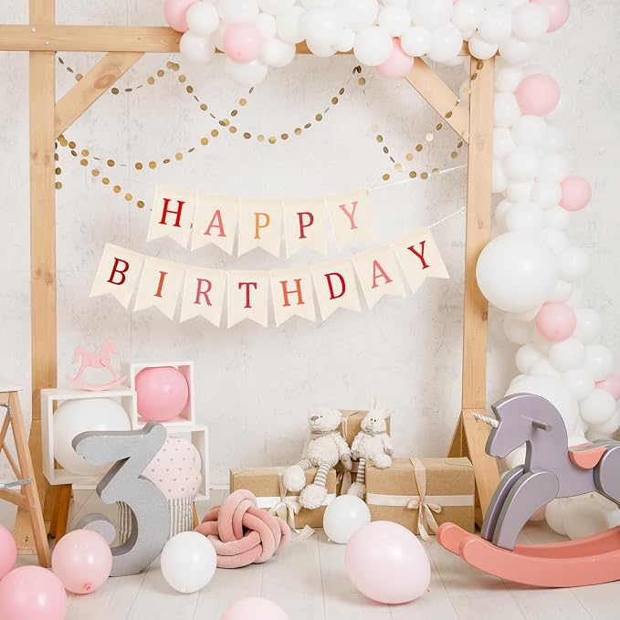 Doumeny Happy Birthday Burlap Banner Boho Birthday Garland Banner Red Bohemian - Image 3