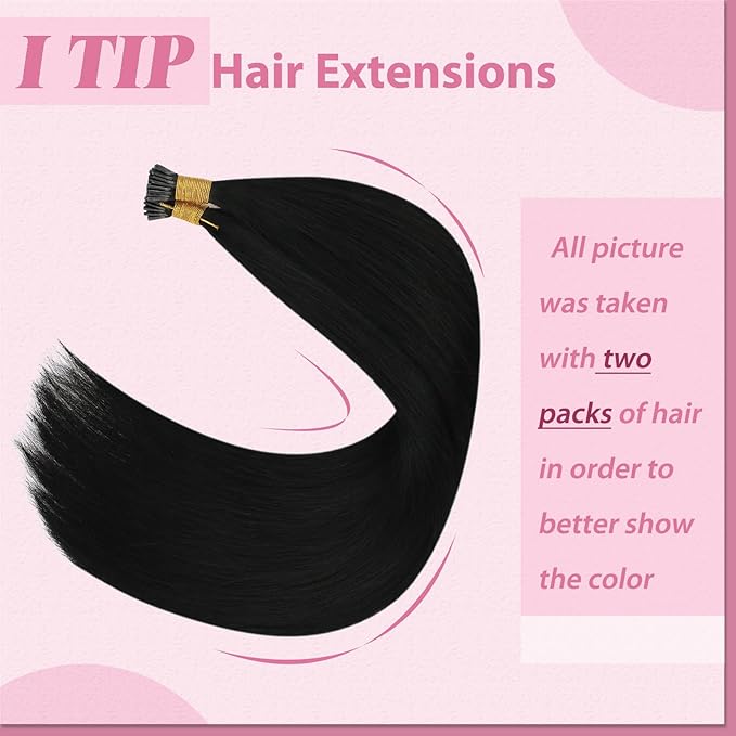 YoungSee I Tip Hair Extensions Black Human Hair Extensions I Tip Jet Black 24Inch 50g I Tips Hair Extension Real Human Hair Long Hair Extension Tip Natural Look for Black Women 50s