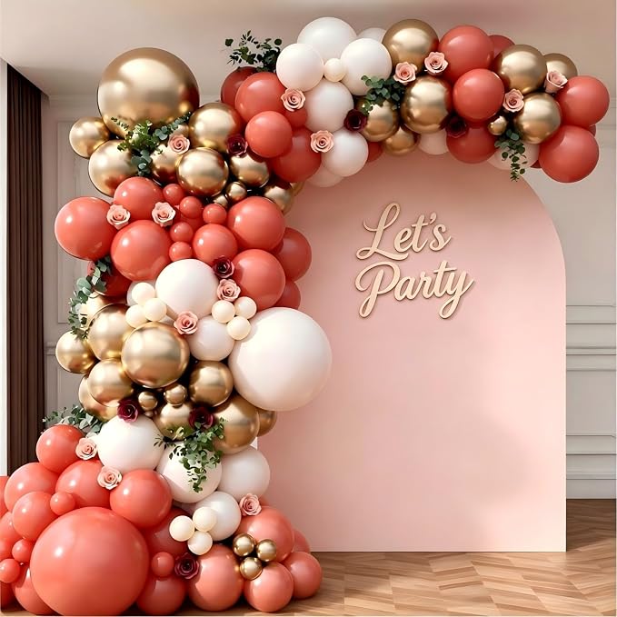 Coral Red Gold Balloon Garland Arch Kit, Coral Red Metallic Gold Latex Balloons by Unknown