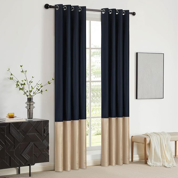 Blue Beige Velvet Blackout Curtains Luxury Decor 90 inches, Color Block | - Image 5