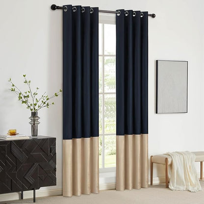 Blue Beige Velvet Blackout Curtains Luxury Decor 90 inches, Color Block | - Image 5