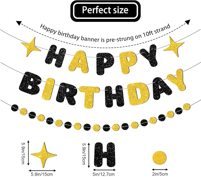 Black and Gold Happy Birthday Banner-Happy Birthday Decorations - Image 3