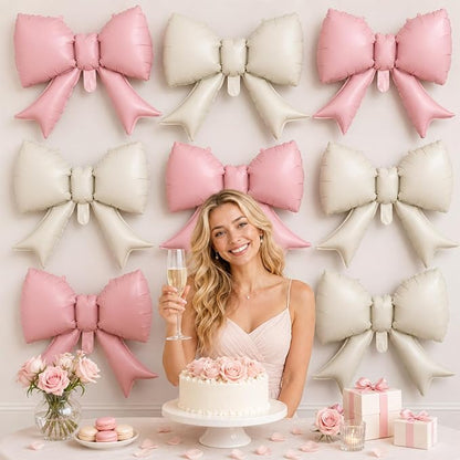 8Pcs Pink White Bow Foil Balloons, 21Inch Pink and White Bow Shaped Balloons - Image 4