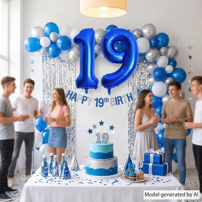 Navy Blue Number 19 Balloon 40 Inch, Shiny Metallic Numeral Party Supplies | - Image 2