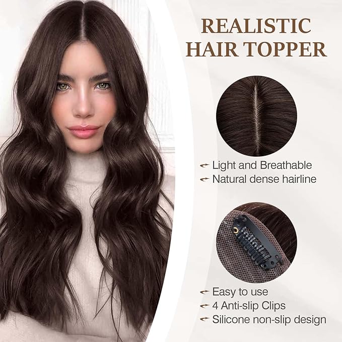 Rich Choices Hair Toppers for Women Real Human Hair NO Bangs 100% Human Remy Toppers for Women with Thinning Hairs on Top Clip in Hairpiece 4"x4.7" Large Lace Base 16 Inch #2 Dark Brown