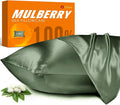 100% Mulberry Silk Pillowcase for Hair and Skin, 22 Momme Pure Natural Silk Pillow Case Both Sided with Zipper, Pillow Cover for Women Mom Men (Matcha, Queen 20''×30'', 1 Pack)