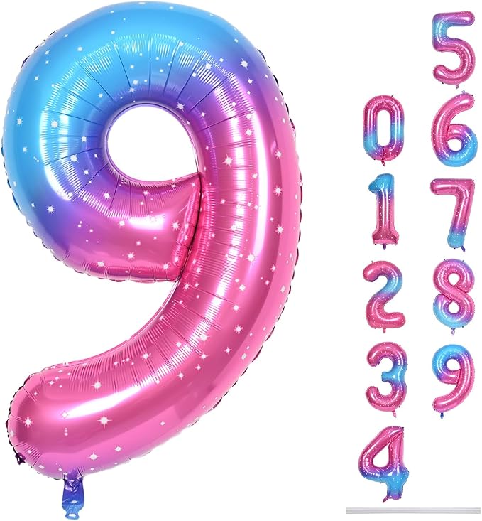 40 Inch Rainbow Gradient Balloon Number 9 Beige, Large Blue Pink Purple Foil by Lingqiang