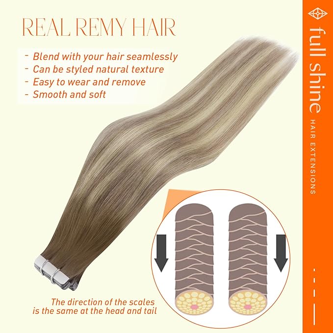 Full Shine 20 Inch Tape in Extensions Invisible Tape in Hair Extensions Human Hair Color 8 Ash Brown Fading To 60 Platinum Blonde and 18 Ash Blonde Hair Extensions Tape in 20 Pcs 50G for Women