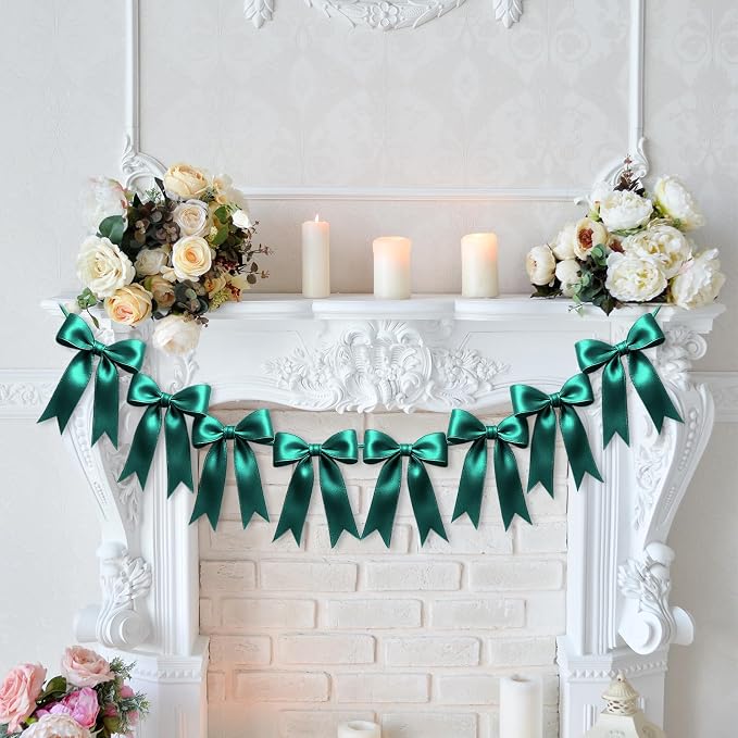 2 Strings of 16PCS Dark Green Bow Garlands Banner Decoration, Pre-Strung Satin - Image 5