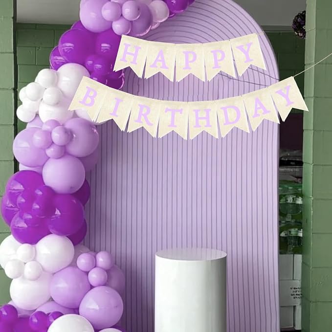 Purple Happy Birthday Banner Pre-strung Burlap Bunting Party Backdrop Sign - Image 6