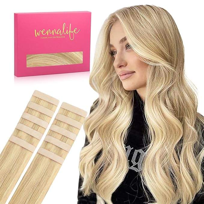 WENNALIFE Tape in Hair Extensions Human Hair Light Blonde Highlighted Golden Blonde Tape in Extensions, 10pcs 30g 22 inch Remy Invisible Tape Ins Straight Soft Real Human Hair Tape in Extensions