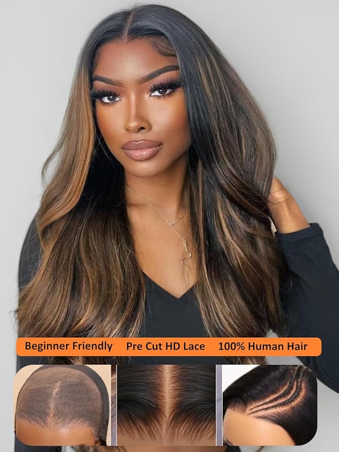Julia Hair Bye Bye Knots Glueless Wig Highlight Balayage Brown Body Wave 7x5 Pre Cut HD Lace Front Wigs Human Hair Pre Plucked Bleached Knots Pre Everything Ready To Go Ombre Wig 26 Inch