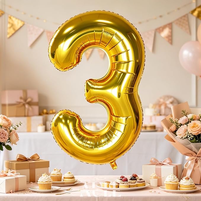 AULE 40 Inch Gold 3 Balloon Number Foil 0-9 Birthday Big Numbers | Birthday - Image 2