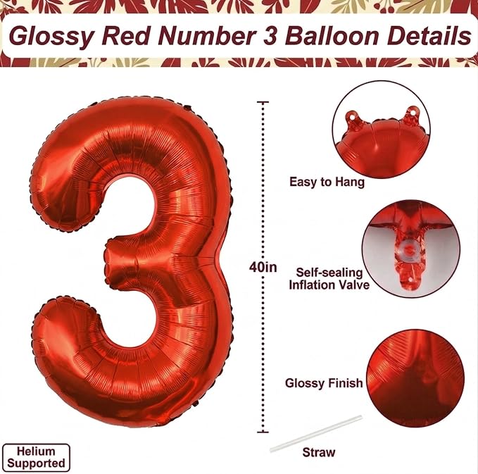 Red Number 3 Balloon 40 Inch, Foil Numeral - Image 4