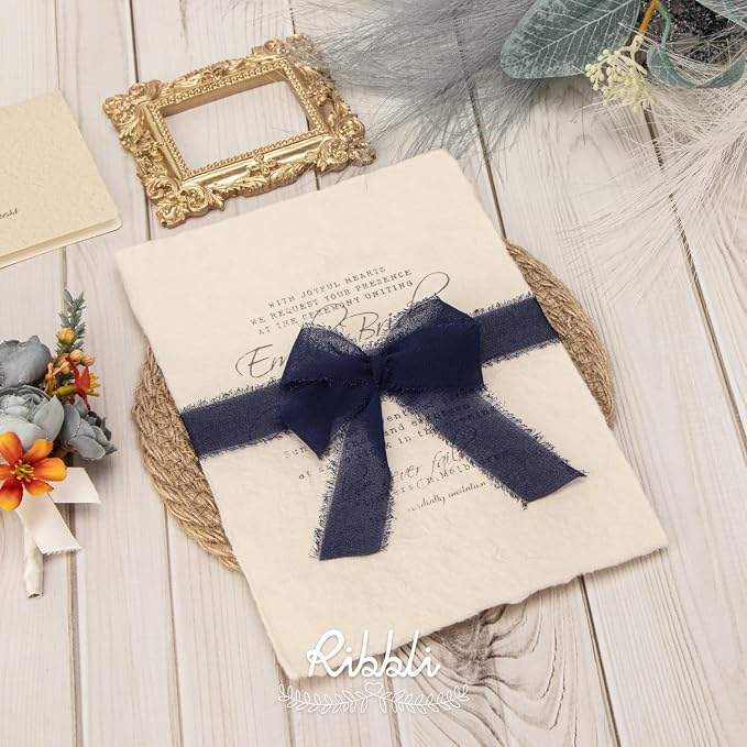 Ribbli Navy Ribbon 1 Inch x 3 Rolls Total 24 Yards Handmade Fringe Chiffon Silk - Image 3