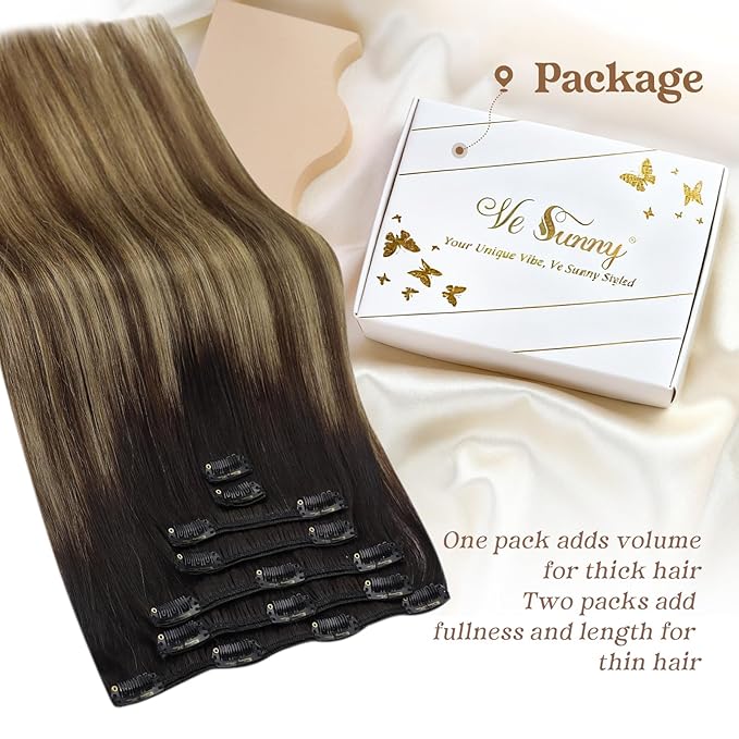 Ve Sunny Clip in Hair Extensions Real Human Hair, Human Hair Extensions Clip ins Black Root Balayage Brown Blonde Remy Hair Extensions, Clip in Human Hair Extensions, 7pcs 120g 18 Inch