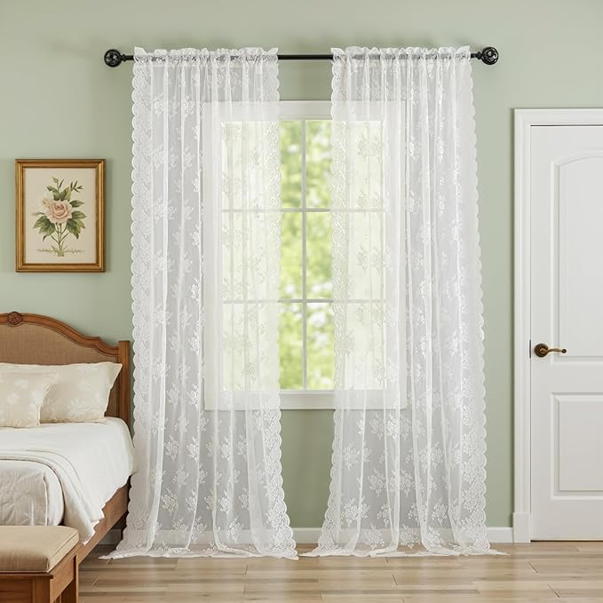 Kotile Ivory Lace Curtains, Vintage Rustic Floral, 42 x 96 Inch, 2 Panels | Rod by Kotile+Curtains
