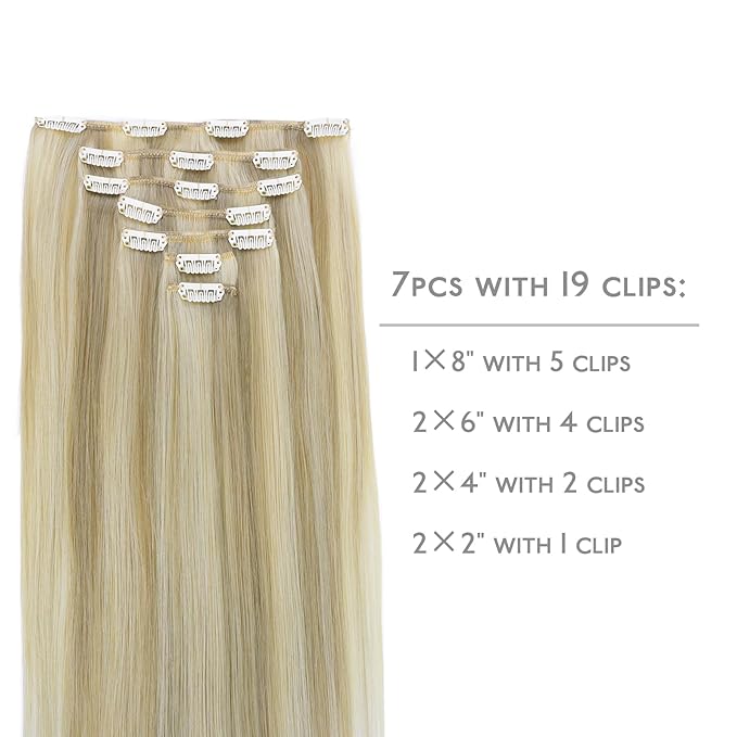 WENNALIFE Clip in Hair Extensions Real Human Hair, 24 Inch 160g 7pcs Ash Blonde Highlighted Platinum Blonde Remy Hair Straight Natural Extensiones De Cabello Humano Con Clip Ins