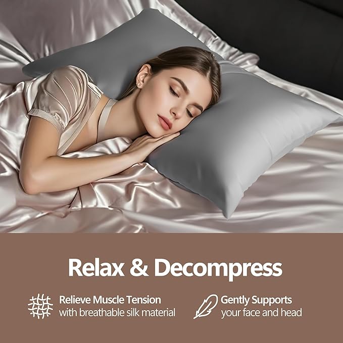 Luxury 6A Mulberry Silk Pillowcase & Silk Pillow Case for Hair & Skin – Anti-Wrinkle, Hidden Zipper – Best Beauty Sleep Solution for Women (Gray, Queen)