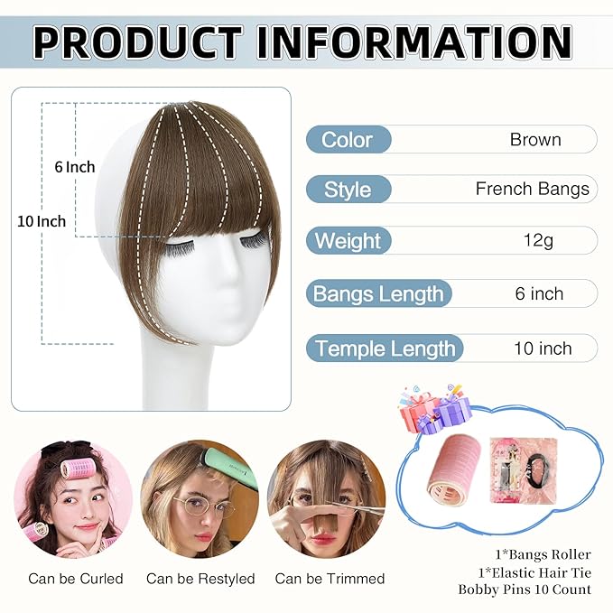 Clip In Bangs for Women, Brown French Bangs Hair Clip with Temples, 100% Real Human Hair Layered Curved Fringe for Halloween and Daily Use(Brown, French Bangs)