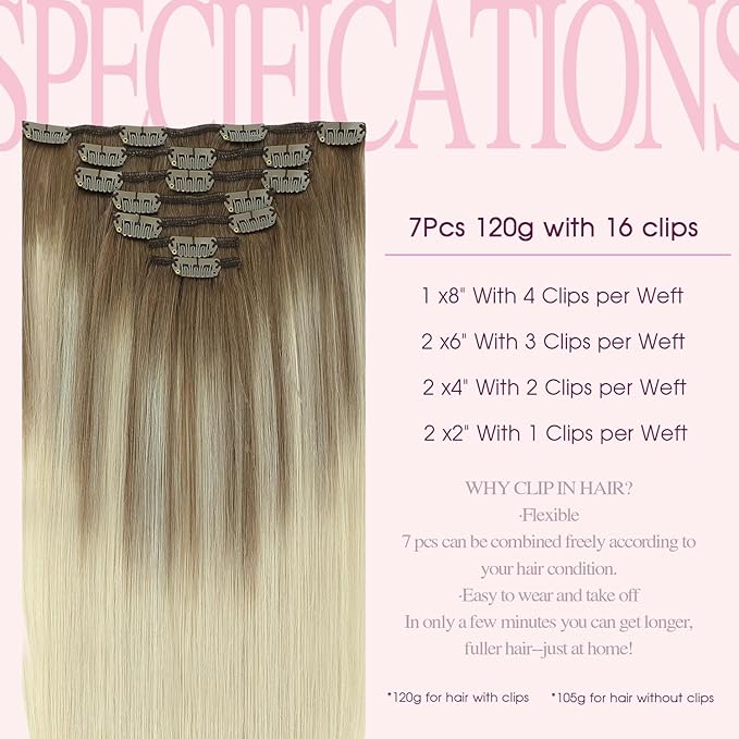 PINKPEARL Human Hair Clip in Hair Extensions 18inch #8T60 Ash Brown to Platinum Blonde Balayage Clip in Hair Extensions Real Human Hair 7pcs 120g Natural Remy Human Hair(#8T60-18)