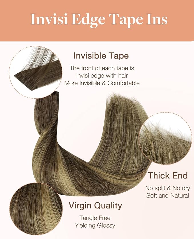 GOO GOO Invisi Edge Tape in Hair Extensions Human Hair, 4/27/4 Balayage Chocolate Brown to Caramel Blonde 20pcs injected with 20pcs classical tape ins, 22inch 100g, Virgin Remy Hair, Natural Look