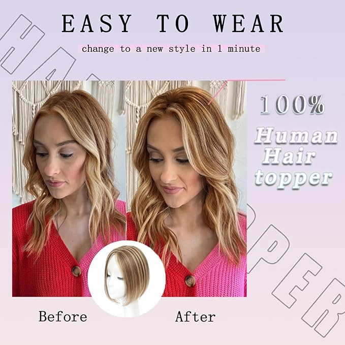 Hair Toppers for Women Human Hairpieces for Women with Thinning Hair 10 Inch Topper Hairline(Medium Brown Mix blonde).