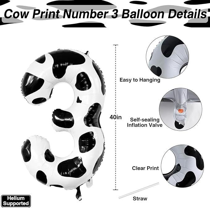 40 Inch Cow Print Number 3 Balloon, Large Cow Print Mylar Foil Number Balloons - Image 3