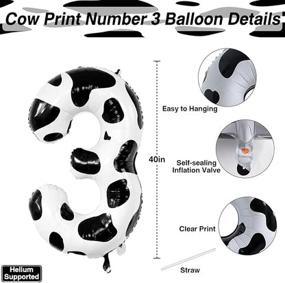 40 Inch Cow Print Number 3 Balloon, Large Cow Print Mylar Foil Number Balloons - Image 3