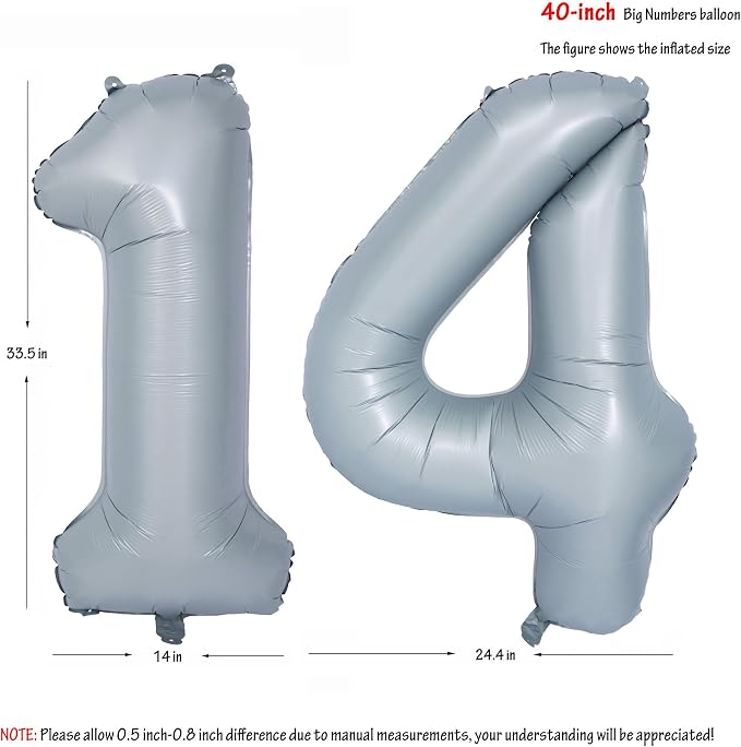 40 In Matte gray Number Balloon Helium Foil Mylar Birthday Balloon Digit 14 | - Image 2