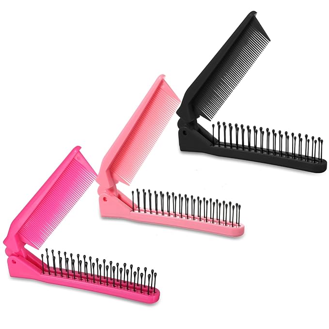 Folding Comb, 3 Pcs Travel Foldable Comb Protable Mini Hair Brush Anti-Static Double Headed Folding Hair Brush Hairdressing Tool for Women Men Long Short Thick Wavy Curly (Pink, Rose Red, Black)