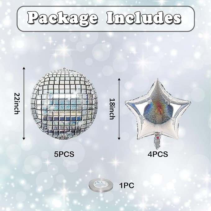 9 Pcs Disco Ball Balloons and Star Balloons 22/18 4D Ball Balloons Laser - Image 2