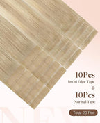GOO GOO Invisi Edge Tape in Hair Extensions Human Hair, 18ET90A Natural Blonde Balayage 10pcs injected with 10pcs classical tape ins, 12inch 40g, Virgin Remy Hair, Natural Look
