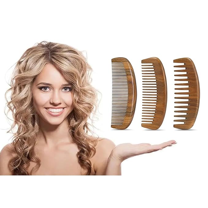 Wooden Hair Comb,Fine Middle Wide Tooth Wood Comb Set for Women Men,Detangling Styling Wet or Dry Curly Thin Thick Wavy Straight Hair Comb,Anti Static Heat Resistant Comb,Birthing Comb,3 Pieces