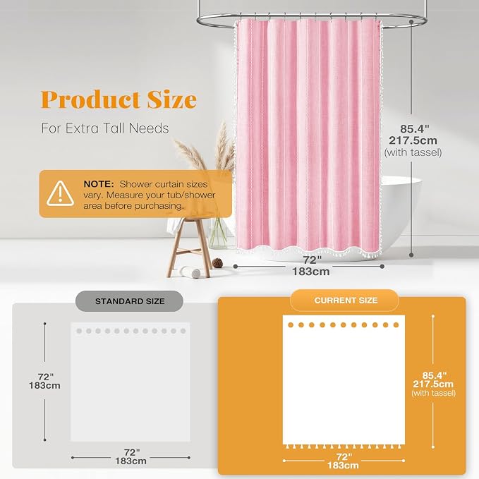 72x84 Long Boho Farmhouse Linen Heavy Duty Shower Curtain, Blush Pink | Tall - Image 3