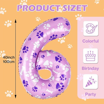 40 Inch Pink Dog Paw Balloons, Numeral 6 Birthday Balloons - Image 2