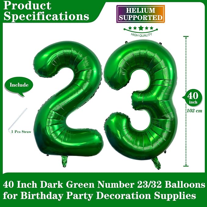 Dark Green 23 Number Balloons, 40 Inch Giant Number 23 Balloons Foil Mylar - Image 2