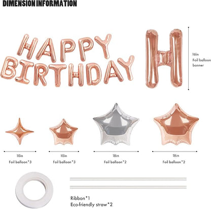 CANREVEL Happy Birthday Banner Decorations + 12Pcs Star Balloons, Rose Gold | - Image 2